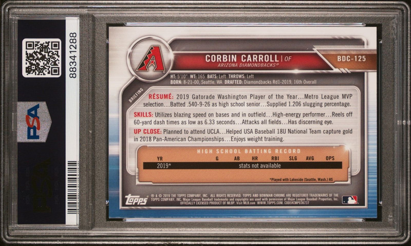PSA 10 CORBIN CARROLL 1st 2019 Bowman Chrome Draft Rookie Card RC GEM MINT view 2