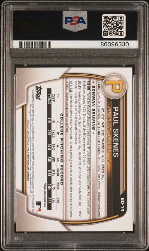 PSA 10 PAUL SKENES 1st 2023 Bowman Draft Paper PIRATES Rookie Card RC GEM MINT view 2