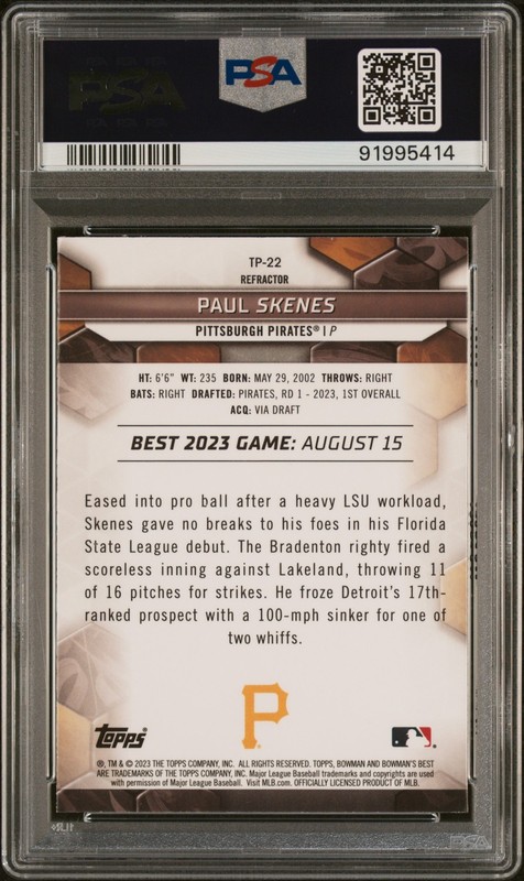 PSA 10 PAUL SKENES 2023 Bowman's Best REFRACTOR PIRATES Rookie Card RC GEM MINT view 2