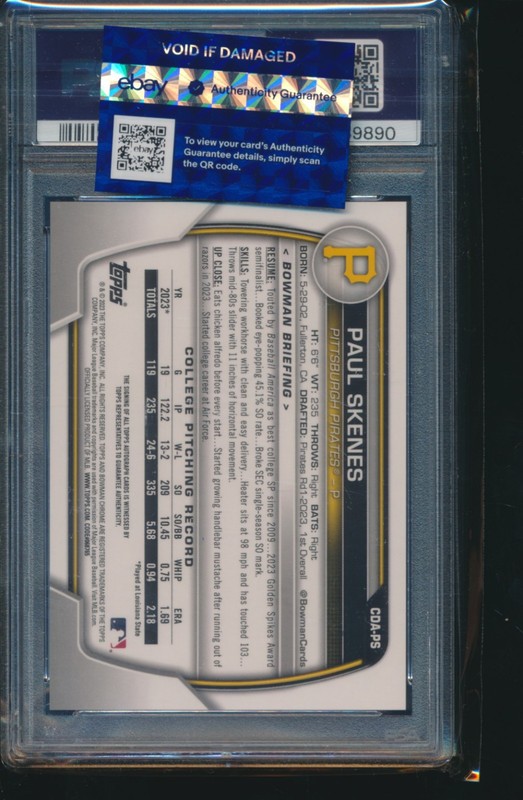 PSA 10 PAUL SKENES AUTO 1st 2023 Bowman Chrome Draft PIRATES Rookie RC GEM MINT view 2