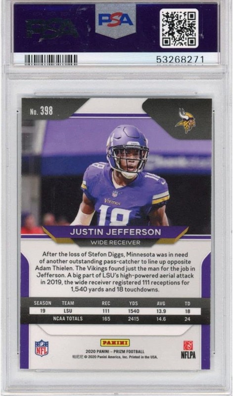 Graded 2020 Panini Prizm Justin Jefferson #398 SP Rookie RC Football Card PSA 10 view 2