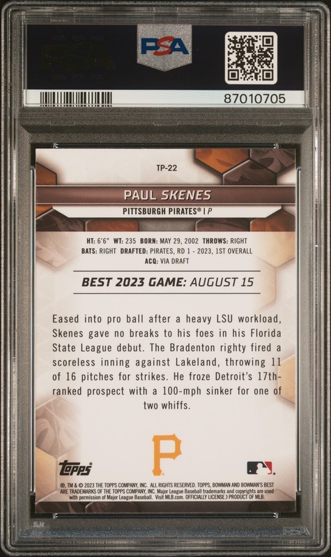 PSA 10 PAUL SKENES 2023 Bowman's Best Prospects PIRATES Rookie Card RC GEM MINT view 2