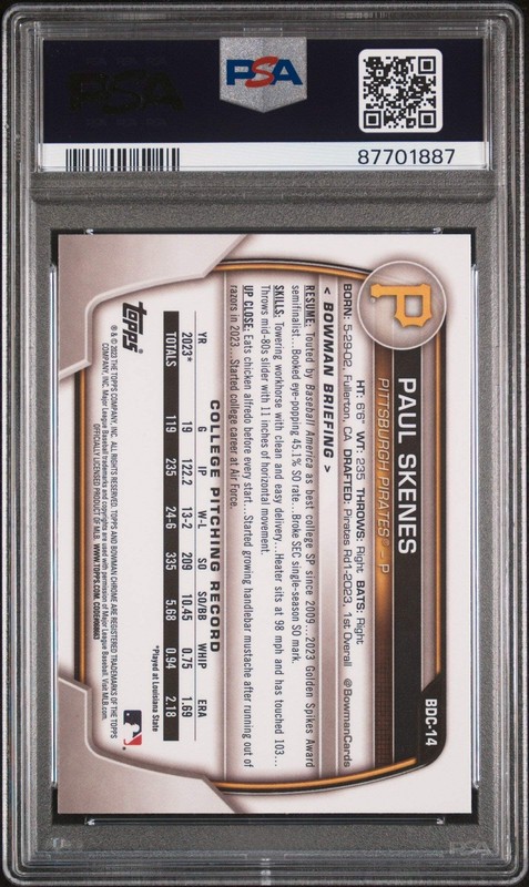 Graded 2023 Topps Bowman Draft Paul Skenes #BDC14 Chrome RC Baseball Card PSA 10 view 2