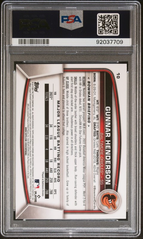 PSA 10 GUNNAR HENDERSON 2023 Bowman Chrome #10 Orioles Rookie Card RC GEM MINT view 2