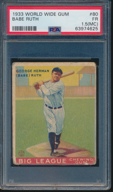 BABE RUTH 1933 WORLD WIDE GUM #80 PSA 1.5 MC FAIR Big League Chewing NY YANKEES