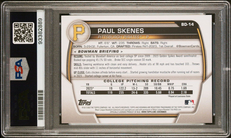 PSA 10 PAUL SKENES 1st 2023 Bowman Draft Paper PIRATES Rookie Card RC GEM MINT view 2
