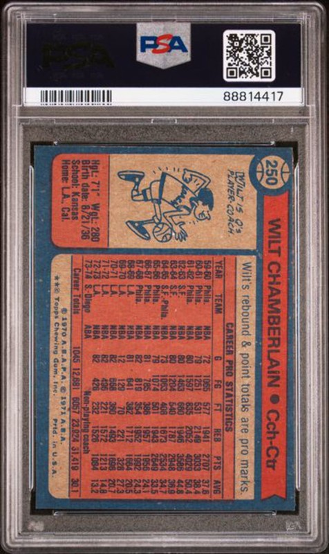 Graded 1974 Topps Wilt Chamberlain #250 Basketball Card PSA 6 EX-MT view 2