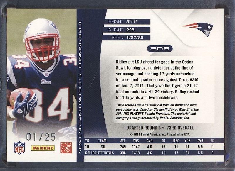 2011 Absolute AFC Signature Stevan Ridley #208 RC  Jersey Ball Patches Auto /25 view 2
