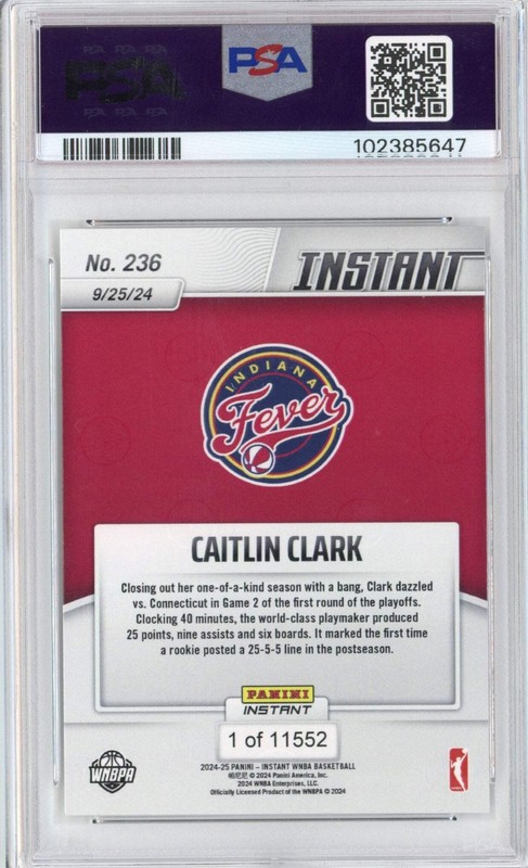 Graded 2024 Panini Instant WNBA Caitlin Clark #236 Rookie Basketball Card PSA 9 view 2
