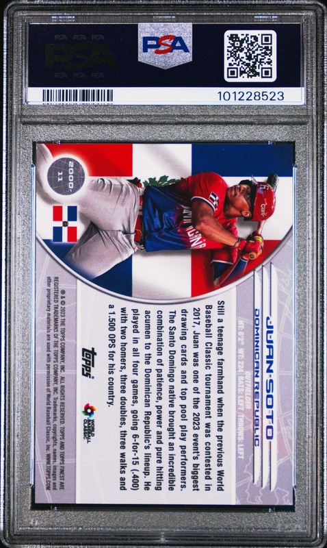 Graded 2023 Topps Finest Juan Soto #11 '00 Gold Mini /50 Baseball Card PSA 10 view 2