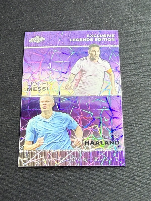 Lionel Messi / Erling Haaland 2023 Leaf Metal Dual Purple /15 RC
