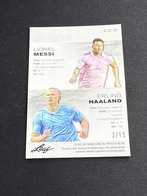 Lionel Messi / Erling Haaland 2023 Leaf Metal Dual Purple /15 RC view 2