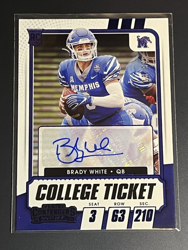 2021 Contenders Draft Picks Game Ticket Blue /99 Brady White #222 Rookie Auto RC