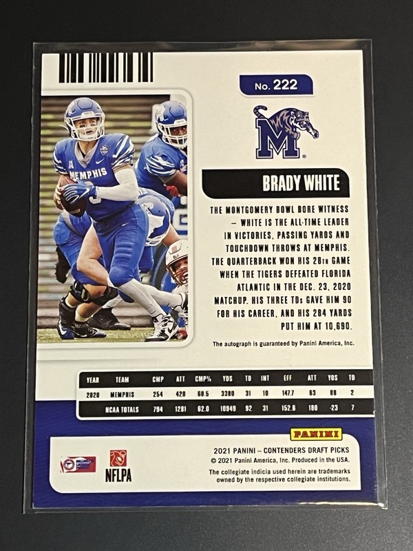 2021 Contenders Draft Picks Game Ticket Blue /99 Brady White #222 Rookie Auto RC view 2