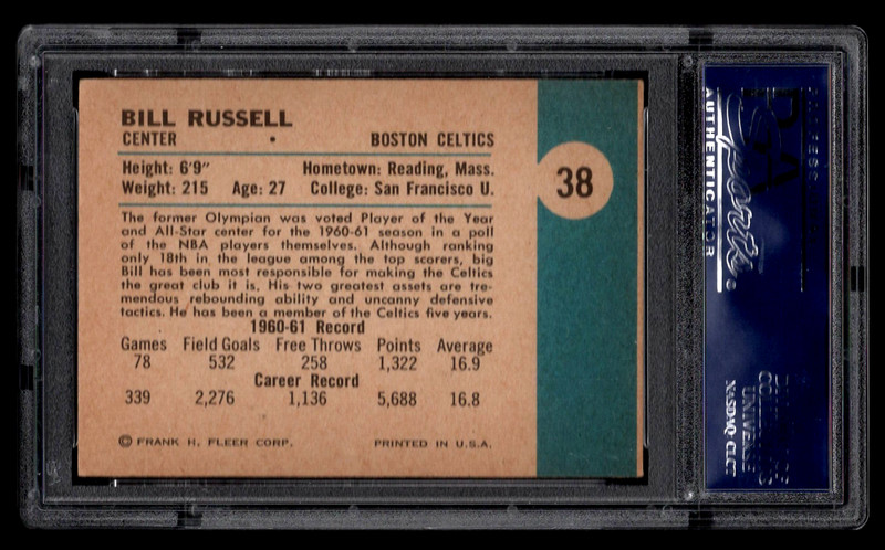 BILL RUSSELL 1961 FLEER #38 BASKETBALL CARD PSA 5 EXCELLENT HOF BOSTON CELTICS . view 2