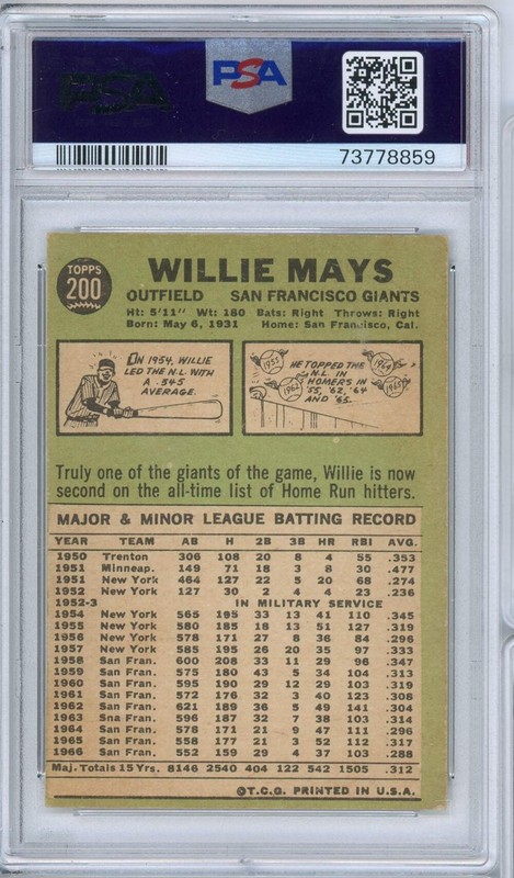 Graded 1967 Topps Willie Mays #200 Baseball Card PSA 4 Very Good-Excellent view 2
