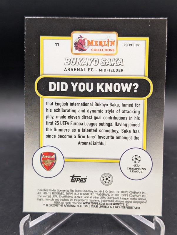 Bukayo Saka 2023-24 Topps Merlin UEFA Club Competitions Refractor #11 Arsenal FC view 2