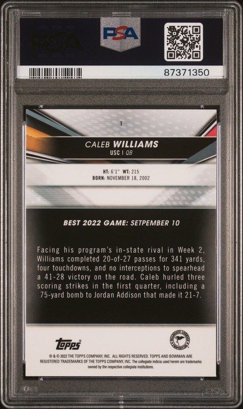 2022 Bowman'S Best University #1 Caleb Williams Shimmer Refractor PSA 10 view 2