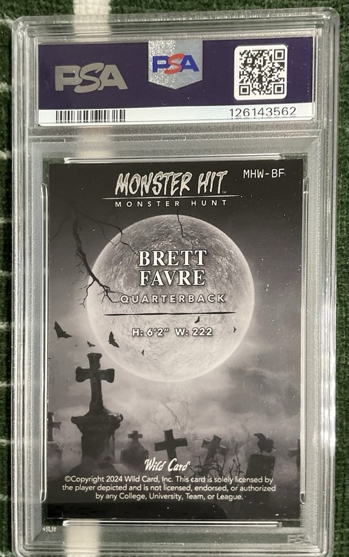 2024 WILD CARD HAUNTED HITS MONSTER HIT 1/1 PSA 8 BRETT FAVRE WITCH-SPRK PINK BF view 2