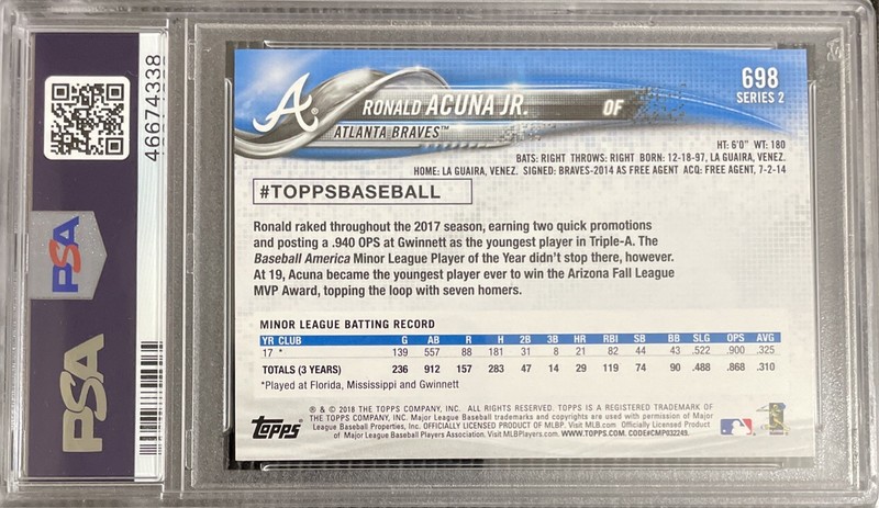 RONALD ACUNA JR ROOKIE 2018 Topps 698 Factory Set Bat Up RC PSA 10 ROY MVP⚾️🪓🏆 view 2