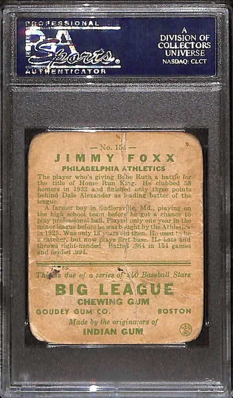 1933 Goudey #154 Jimmie Foxx HOF  PSA 1 POOR C102157 view 2