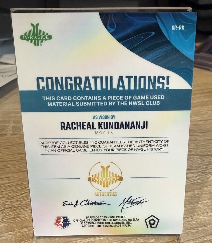 Racheal Kundananji 2025 Parkside NWSL Pacific GAME USED MATCH WORN Jersey Relic view 2
