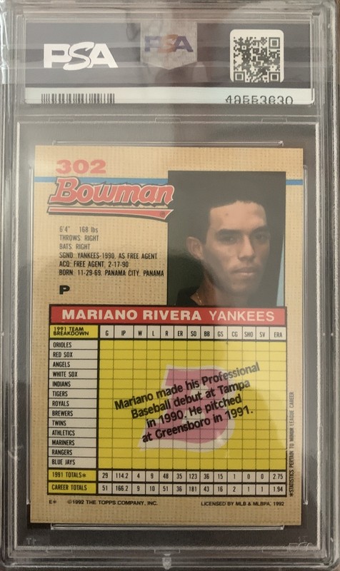 1992 BOWMAN MARIANO RIVERA ROOKIE RC #302 PSA 9 view 2