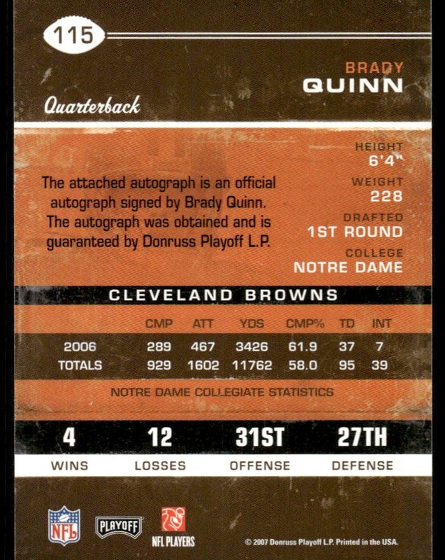 L730 BRADY QUINN RC AUTO 2007 CONTENDERS ROOKIE TICKET #115 NOTRE DAME BROWNS view 2