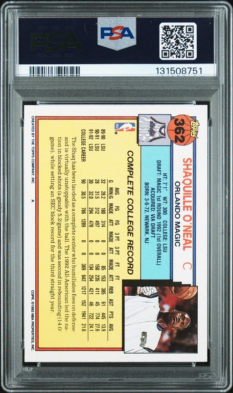 Graded 1992-93 Topps Shaquille O'Neal #362 Rookie RC Card PSA 10 Auto Grade Gem view 2