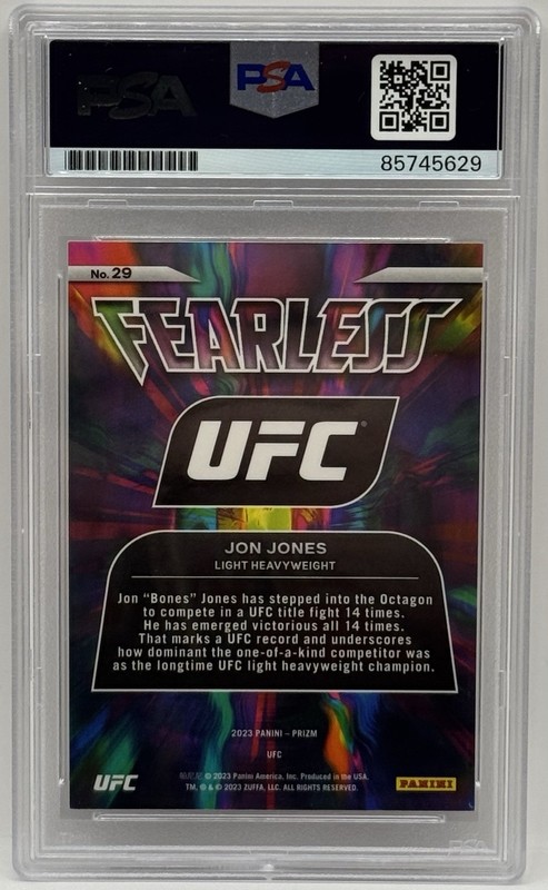 Jon Bones Jones Signed 2023 Panini Prizm Fearless UFC Card PSA/DNA Slabbed view 2