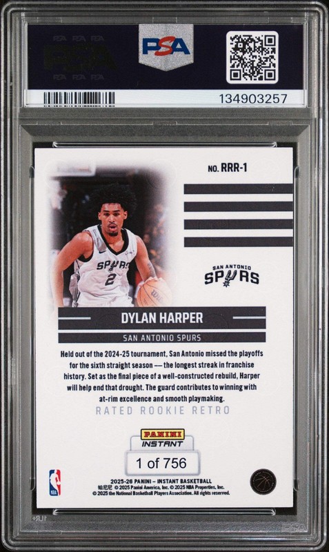 Graded 2025 Panini Instant Dylan Harper #RRR1 Rated Rookie Retro RC Card PSA 10 view 2
