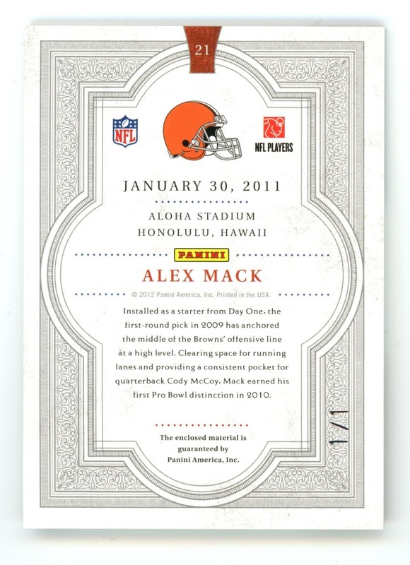 2011 NATIONAL TREASURES COLOSSAL MATERIAL PRO BOWL REEBOK LOGO #43 ALEX MACK 1/1 view 2