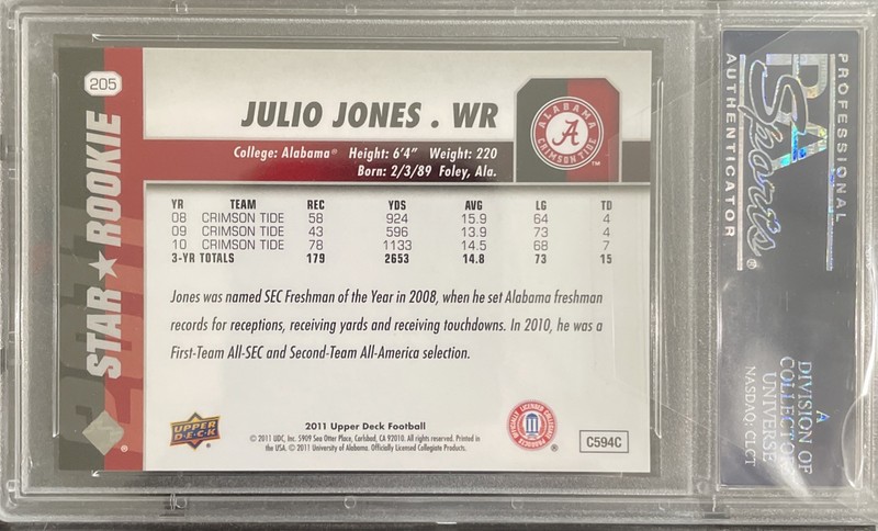 JULIO JONES RC 2011 Upper Deck #205 Rookie Alabama PSA 10 Falcons🏈🐘🌟 POP 2 view 2
