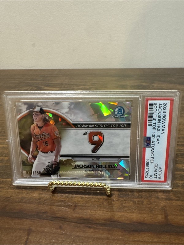 2023 Bowman Jackson Holliday SCOUTS TOP 100 ATOMIC REFRACTOR #'d/150 - PSA 10 view 1