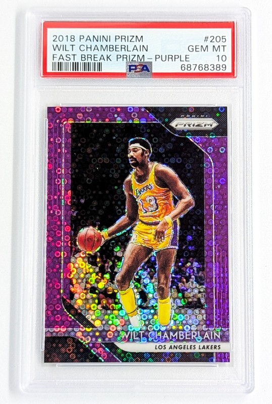 2018-19 Panini Prizm Fast Break Prizm-Purple #205 Wilt Chamberlain /75 PSA 10