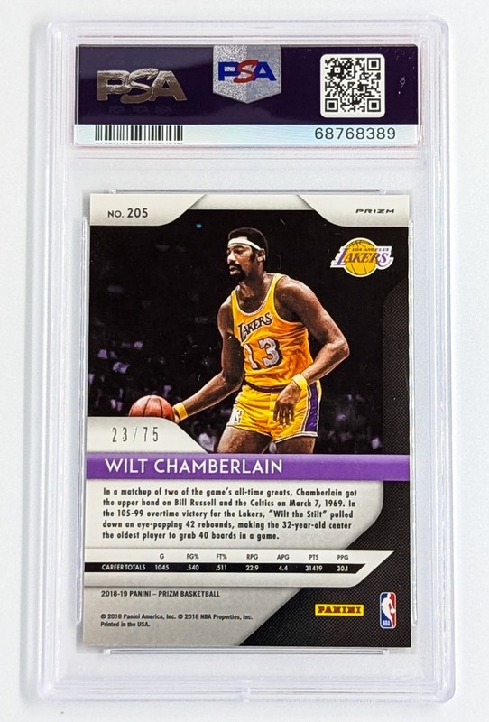 2018-19 Panini Prizm Fast Break Prizm-Purple #205 Wilt Chamberlain /75 PSA 10 view 2