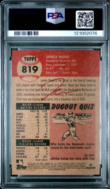 Graded 2025 Topps Living James Wood #819 Rookie RC Baseball Card PSA 10 Gem Mint view 2