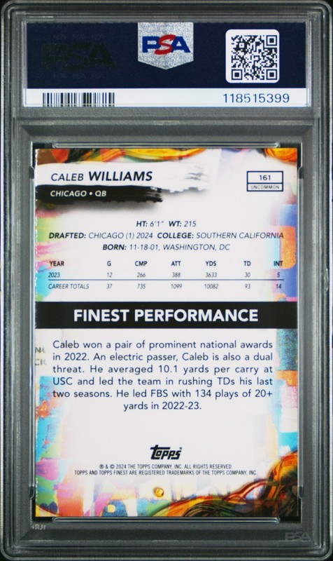 Caleb Williams RC 2024 Topps Finest Sky Blue Refractor #161 PSA MINT 9 /250 view 2