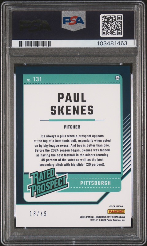 Paul Skenes RC 2024 Panini Donruss Optic Purple Prizm #131 PSA 9 /49 view 2