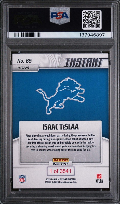 Graded 2025 Panini Instant Isaac Teslaa #65 Rookie Football Card PSA 10 Gem Mint view 2