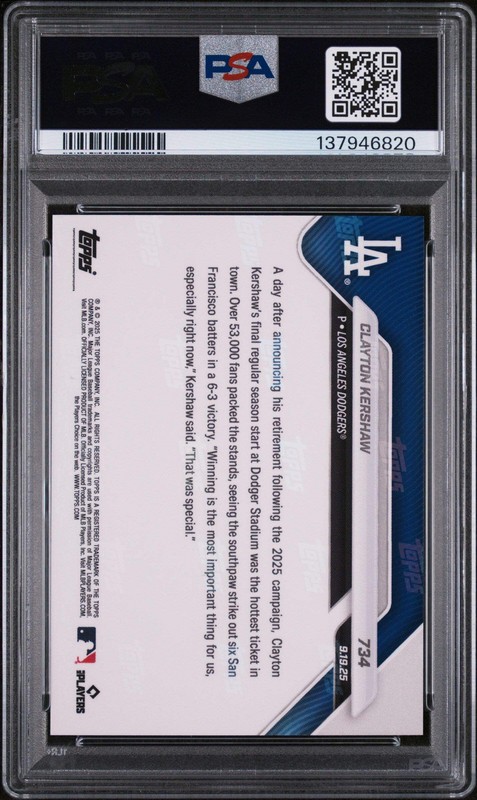 Graded 2025 Topps Now Clayton Kershaw #734 Baseball Card PSA 10 Gem Mint view 2