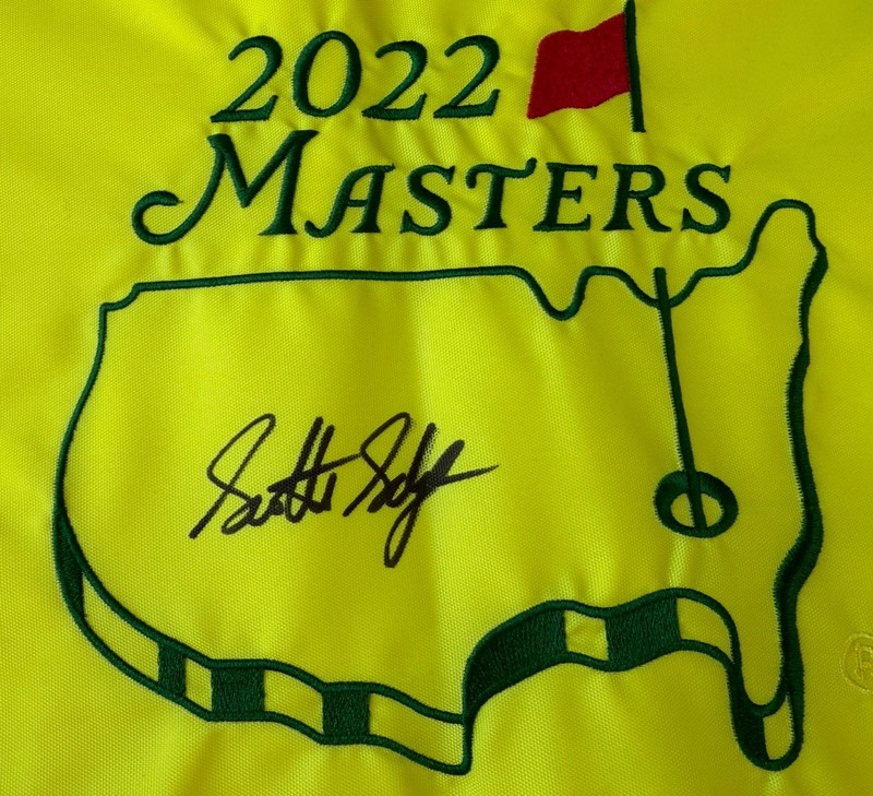 Scottie Scheffler Signed 2022 Masters Champion Golf Pin Flag Auto PSA AUTOGRAPH view 2