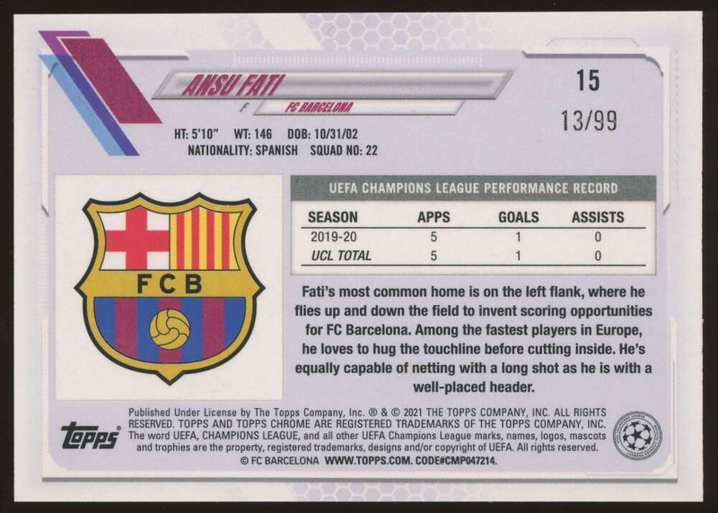 Ansu Fati /99 #15 2020-21 Topps Chrome Sapphire UEFA Yellow Refractor Soccer SP view 2