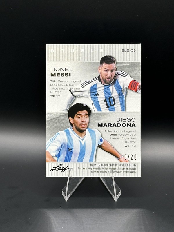Diego Maradona & Lionel Messi 2025 Leaf Metal Dual Blue /20 RC view 2