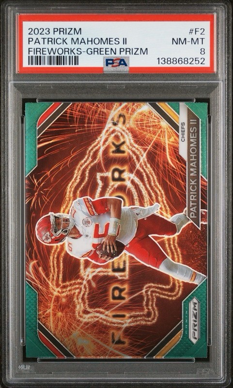 2023 Panini Prizm Fireworks Green Prizm Patrick Mahomes II #F-2 PSA 8 NM-MT
