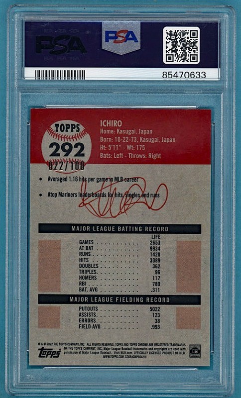 2022 Topps Chrome Platinum Ann Ichiro Suzuki Cr/Fuc Atomic Ref /100#292 PSA 9! view 2
