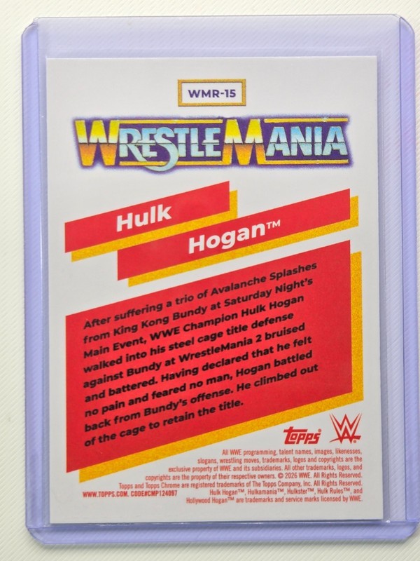 Hulk Hogan 2026 Topps Chrome WWE #WMR-15 Wrestlemania Rewind Insert Card view 2