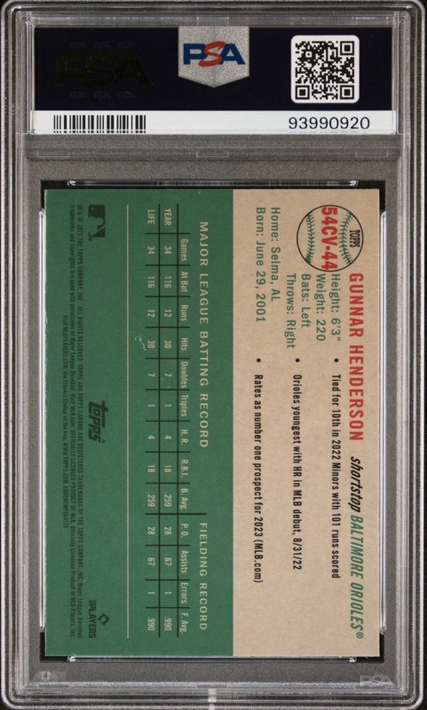 2023 Topps Chrome Platinum Gunnar Henderson RC 1954 City Variation PSA 10 view 2