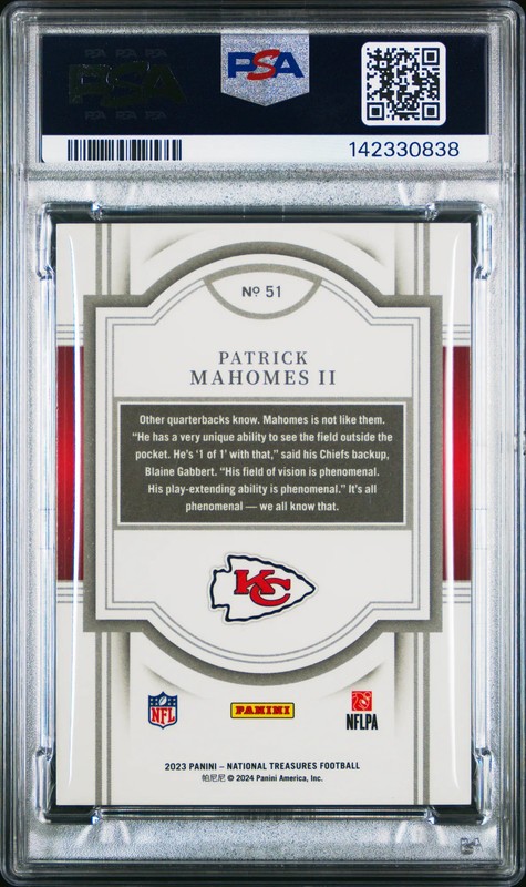 2023 Panini National Treasures Patrick Mahomes II 51/99 #51 PSA 10 GEM MINT view 2