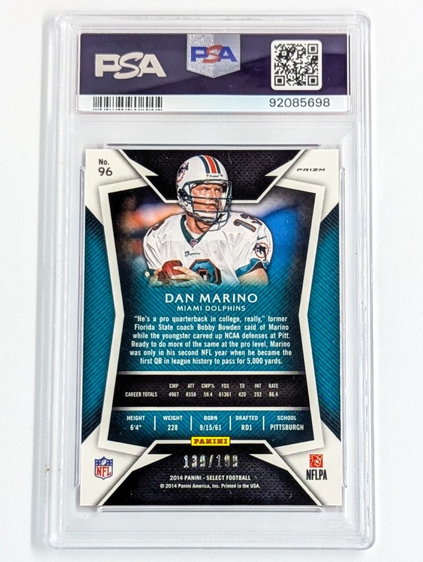 2014 Panini Select Fuchsia Prizm #96 Dan Marino /199 PSA 10 Miami Dolphins HOF view 2